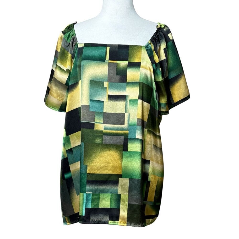 Lane Bryant Satin Blouse Size 18/20 Green Geometric Print Polyester